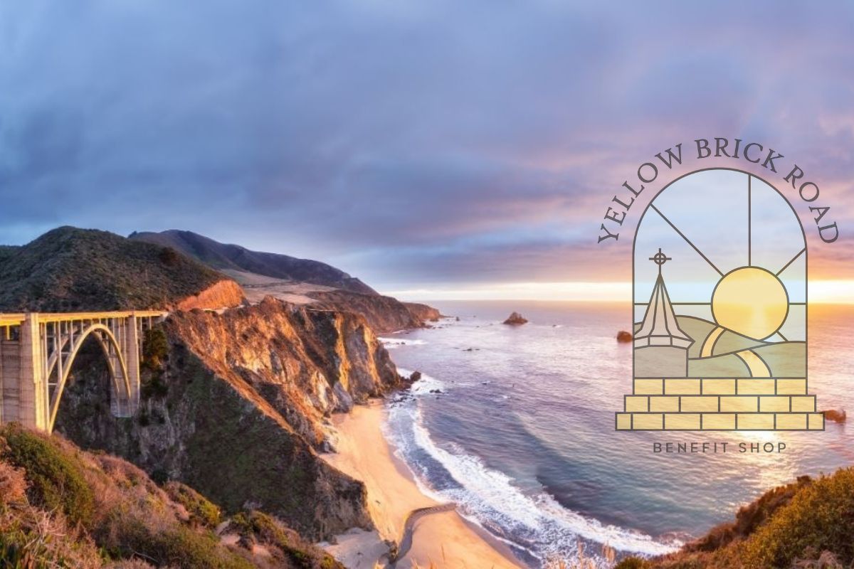 Bixby Bridge overlooking the Big Sur coastline with the Yellow Brick Road Benefit Shop logo superimposed, highlighting community support for Big Sur CERT training and preparedness programs.